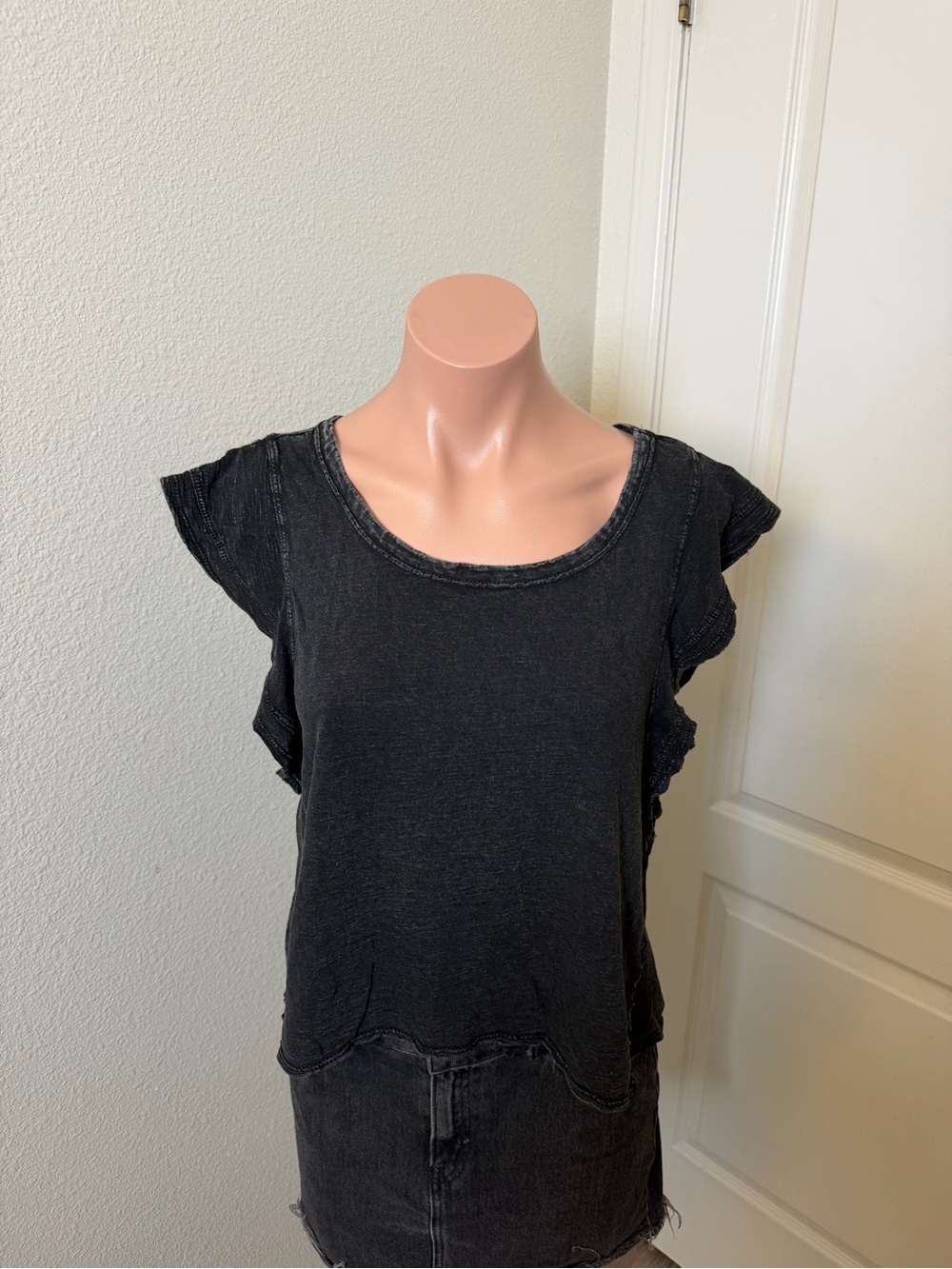 Daily Practice Black Washed Ruffle Sleeve Scoop Neck Top